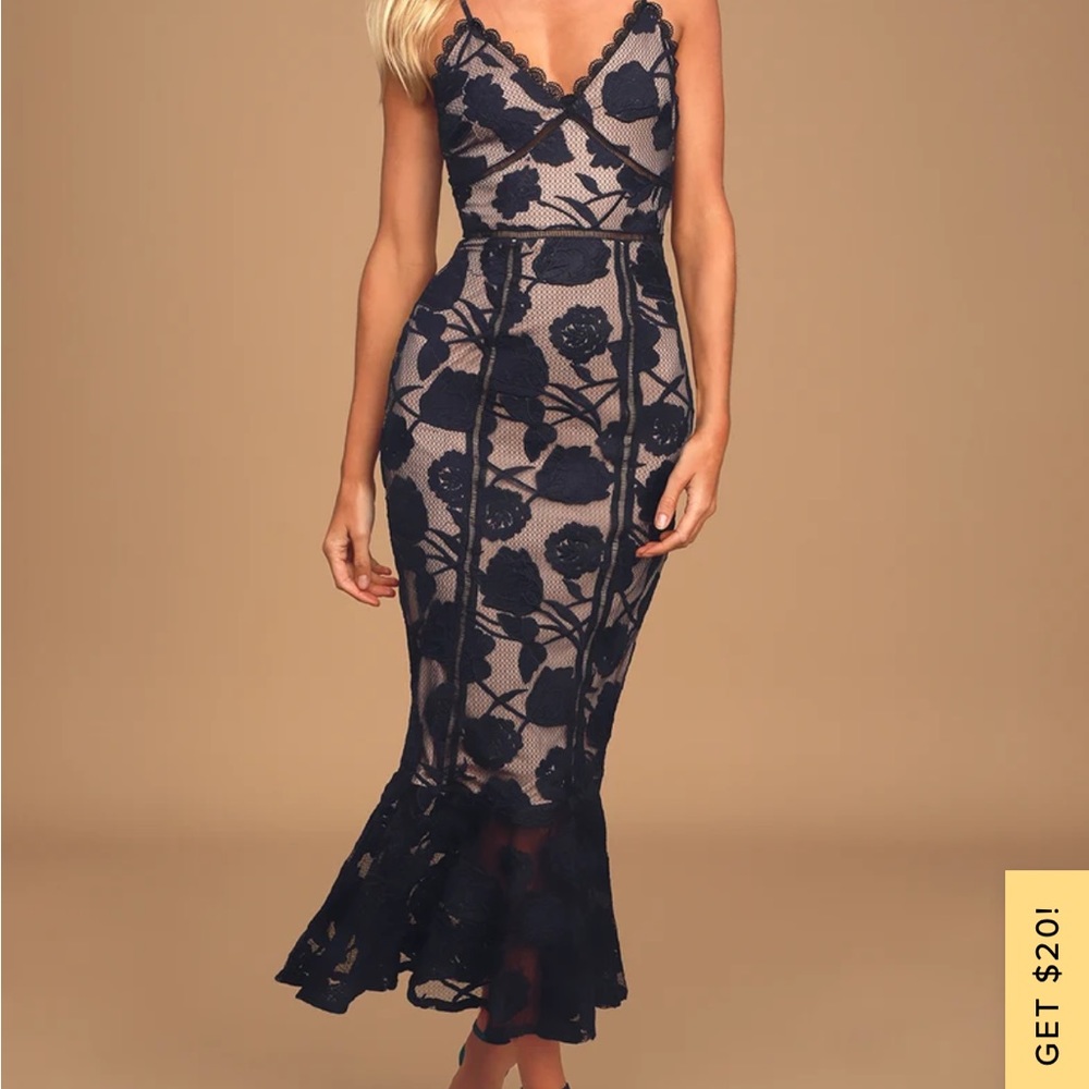 Lulus Navy Blue Floral Midi Dress. Size Small.